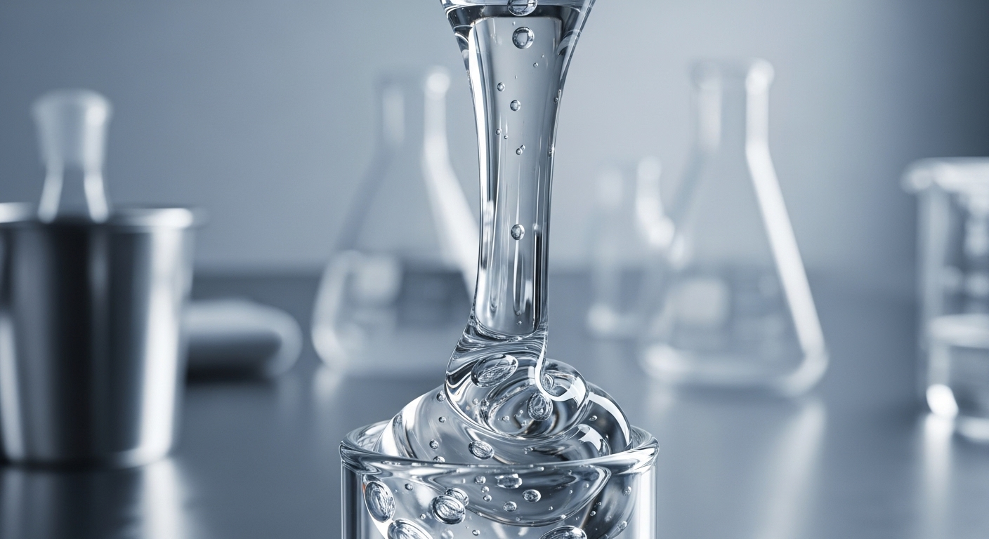 Cận cảnh gel silicone y tế trong suốt, sánh đặc được định lượng trong phòng thí nghiệm. Thường dùng trong cấy ghép và liên quan đến nghiên cứu túi ngực vỡ.