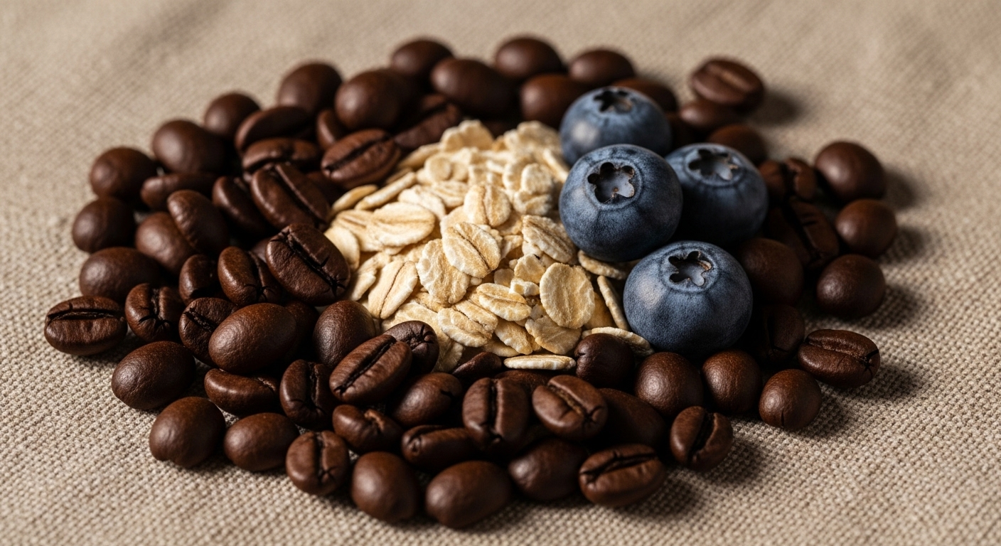 Cận cảnh hạt cà phê rang đậm, yến mạch nguyên hạt và việt quất tươi trên vải linen. Hình ảnh gợi nhắc về mối liên hệ giữa các thực phẩm tự nhiên này với cà phê và hệ tiêu hóa.