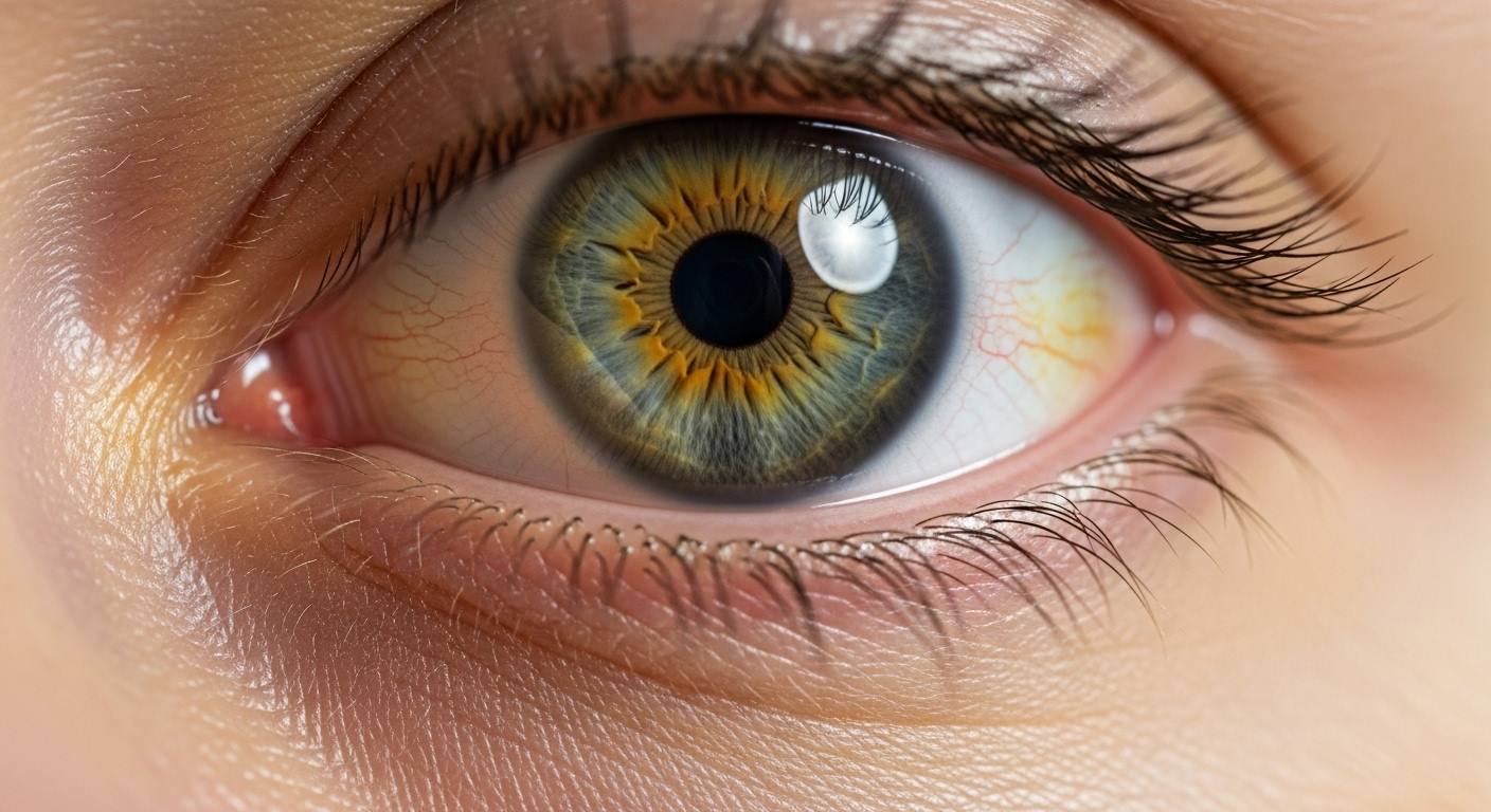 Mắt người cận cảnh với củng mạc (tròng trắng) và da xung quanh ngả vàng rõ rệt, dấu hiệu của viêm gan do rượu.