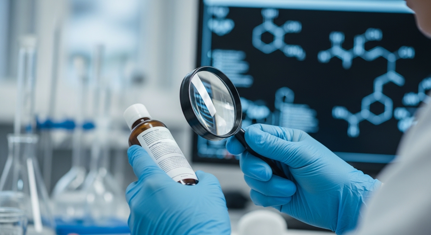 Nhà khoa học kiểm tra nhãn sản phẩm dưới kính lúp trong phòng thí nghiệm, xác minh thành phần để đảm bảo chất lượng và an toàn, tránh các sự cố như thu hồi nước rửa tay.