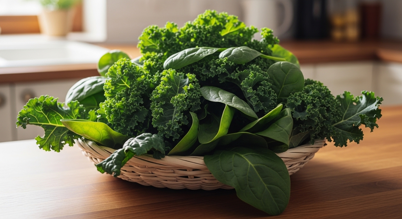 Giỏ cải xoăn và rau bina xanh đậm tươi rói, những thực phẩm giàu vitamin A, đặt trên bàn bếp gỗ.