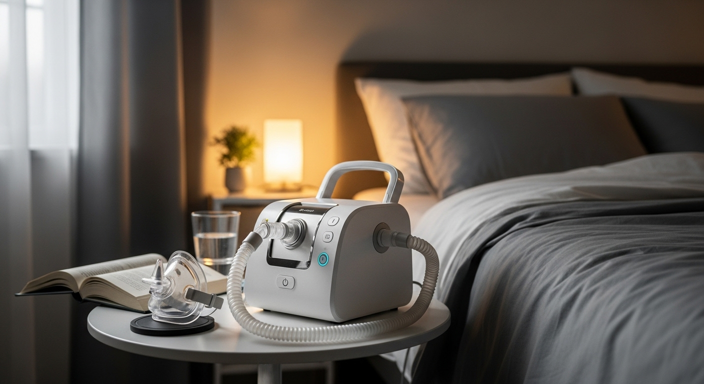 Máy CPAP hiện đại với mặt nạ và ống dẫn đặt trên bàn cạnh giường trong phòng ngủ yên tĩnh, giải pháp cho chứng ngưng thở khi ngủ.