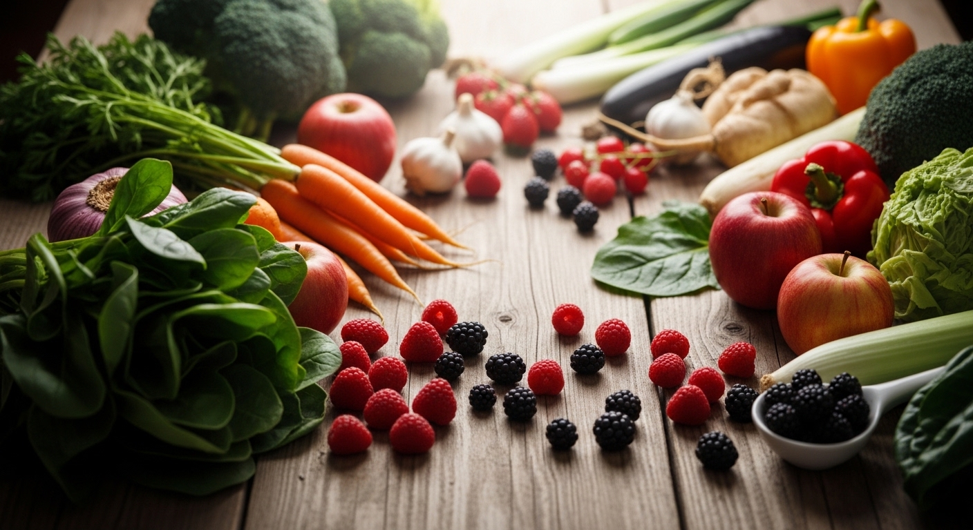 Rau củ và trái cây tươi ngon (rau bina, cà rốt, táo, quả mọng) trên bàn gỗ mộc mạc, biểu tượng của chế độ ăn lành mạnh. Kết hợp với việc lựa chọn Sữa bột dành cho người tiểu đường loại nào tốt sẽ giúp tối ưu sức khỏe.