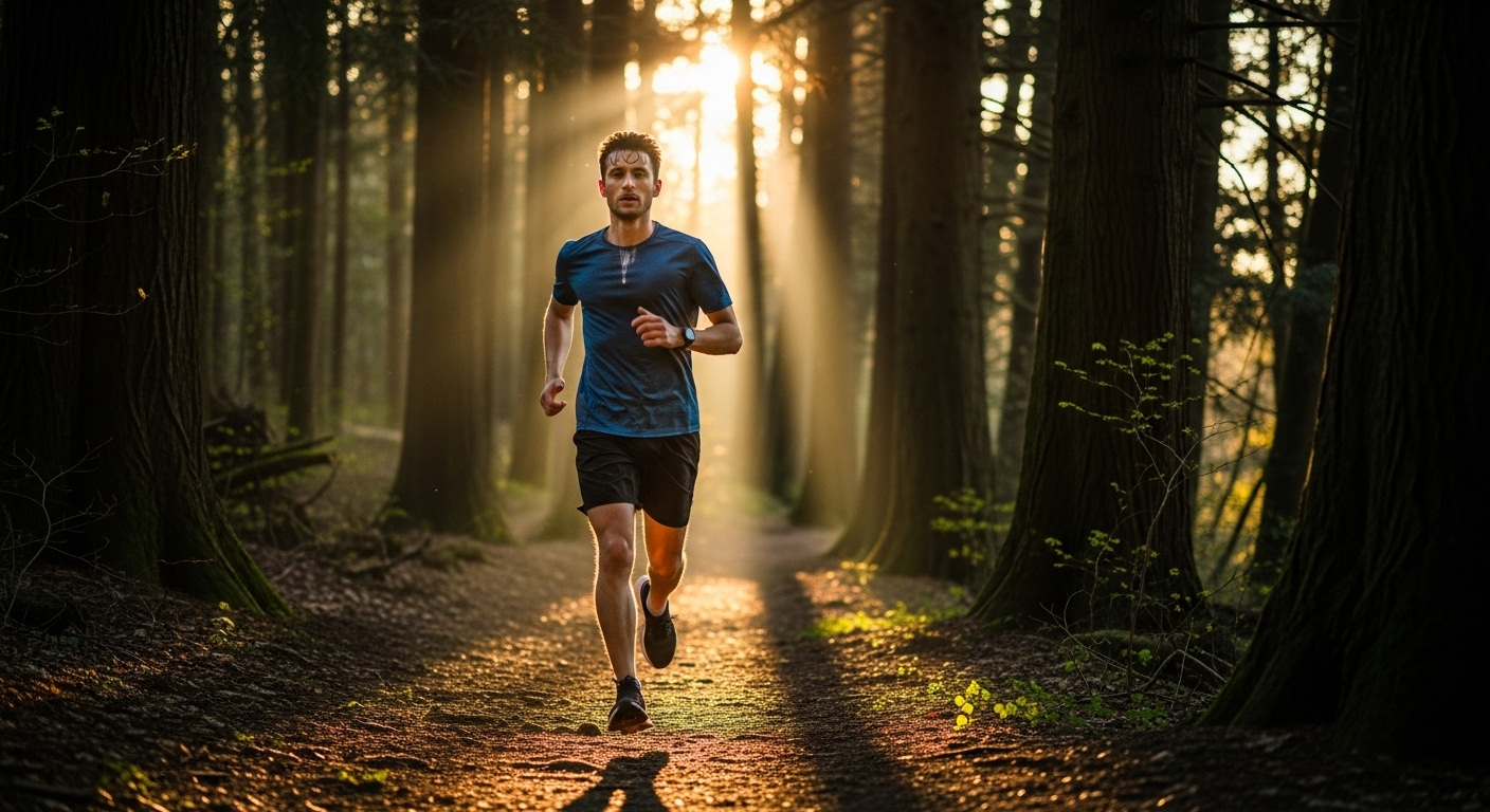 Một người khỏe mạnh đang chạy bộ trên đường mòn trong rừng vào giờ vàng, ánh nắng xuyên qua tán lá, nhấn mạnh lối sống năng động giúp cải thiện sức khỏe tổng thể và hỗ trợ khắc phục tình trạng giảm cương dương buổi sáng.
