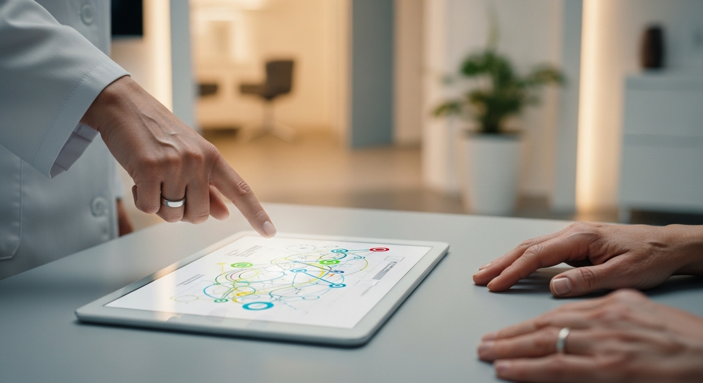 Bác sĩ chỉ vào biểu đồ minh họa trên máy tính bảng, giải thích phương án điều trị cho bệnh nhân về tình trạng u bì buồng trứng khó đậu thai trong phòng khám.