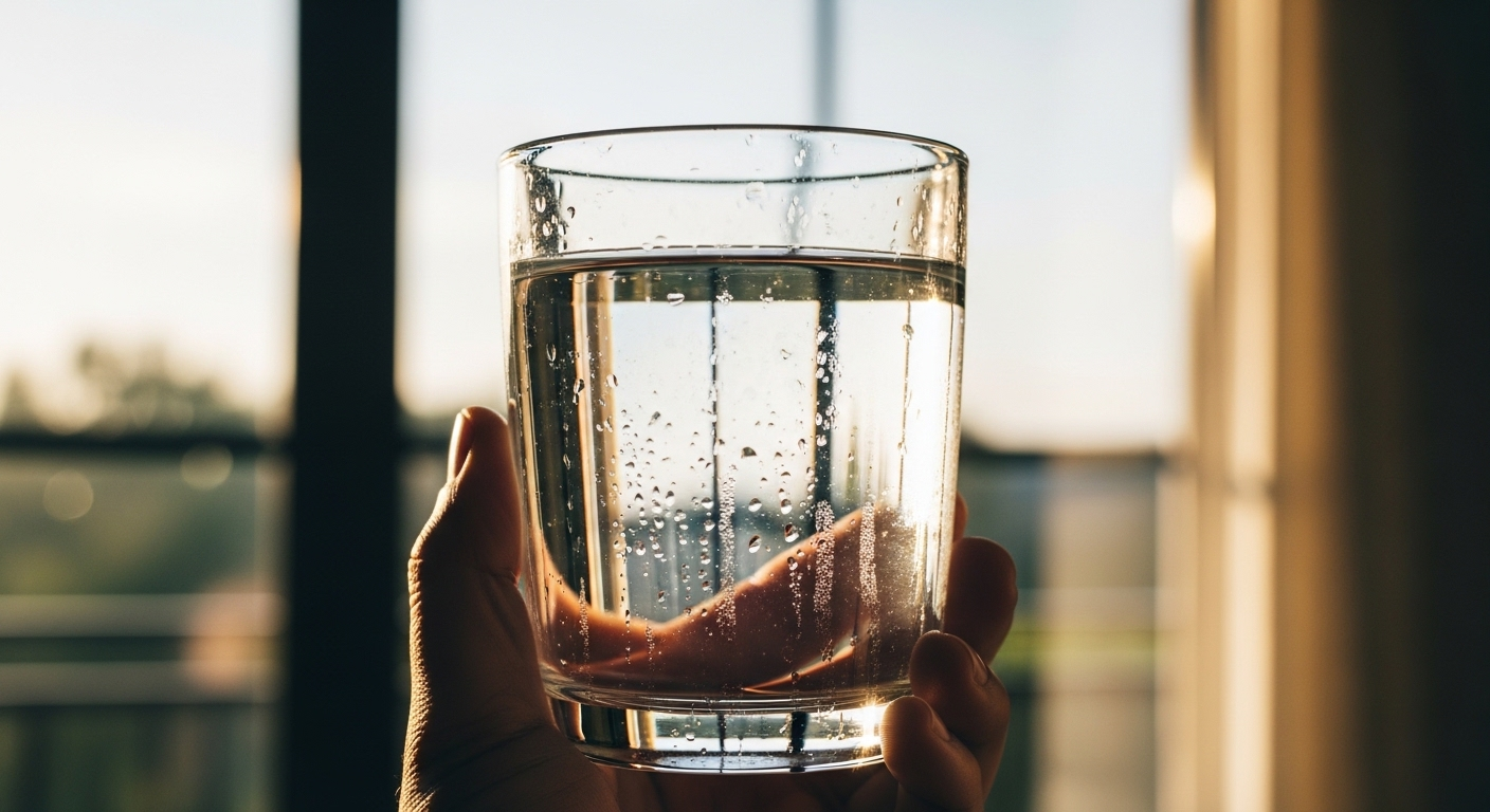 Bàn tay cầm ly nước lọc trong mát, đọng hơi nước, nhấn mạnh tầm quan trọng của việc cấp nước đầy đủ để phòng sỏi amidan và duy trì sức khỏe tổng thể.