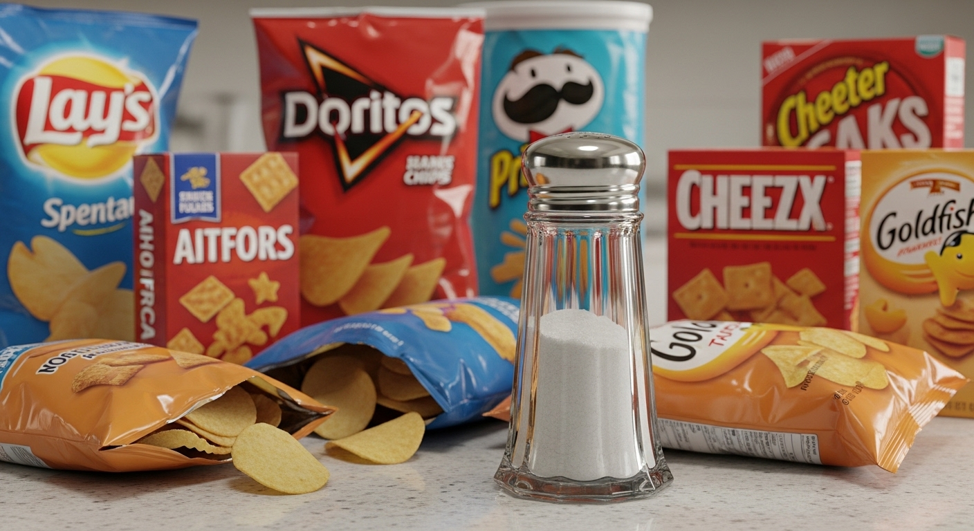 Đồ ăn vặt đóng gói mặn như khoai tây chiên, bánh quy, và lọ muối trên bàn bếp. Một ví dụ về sai lầm ăn uống người tiểu đường hại thận.