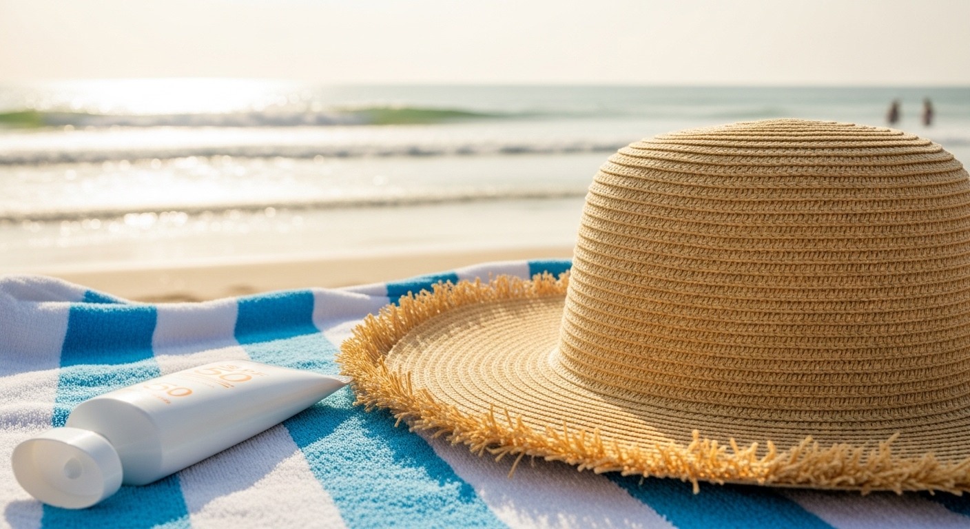 Mũ rơm và tuýp kem chống nắng SPF 50 trên khăn tắm biển, sóng biển mờ ảo. Bảo vệ da khỏi nắng là yếu tố thiết yếu để ngăn ngừa và hỗ trợ điều trị sạm nám hiệu quả.
