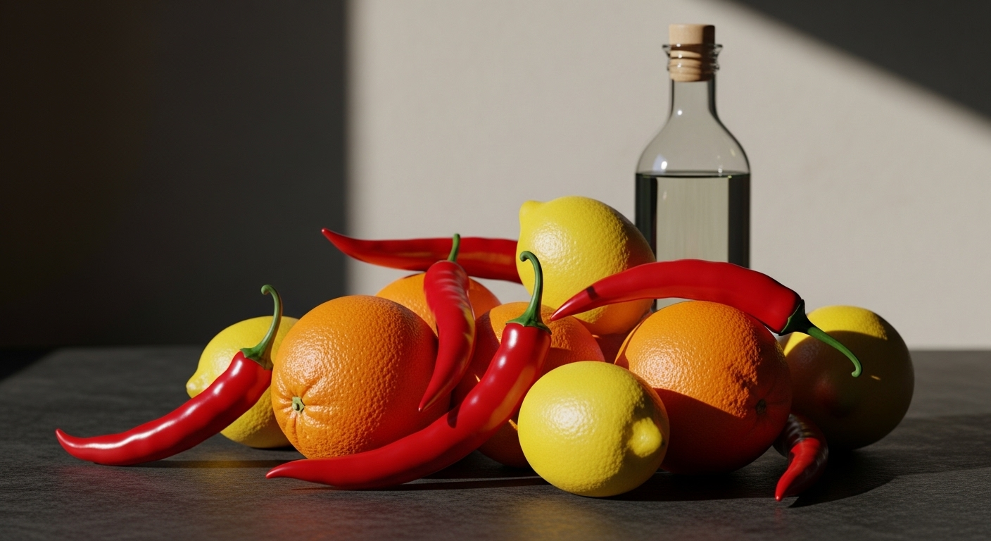 cam, chanh, ớt đỏ và chai giấm trên nền tối. Đây là những thực phẩm thường được cân nhắc khi tìm hiểu viêm teo niêm mạc dạ dày kiêng gì. cam, chanh, ớt đỏ và chai giấm trên nền tối. Đây là những thực phẩm thường được cân nhắc khi tìm hiểu viêm teo niêm mạc dạ dày kiêng gì.