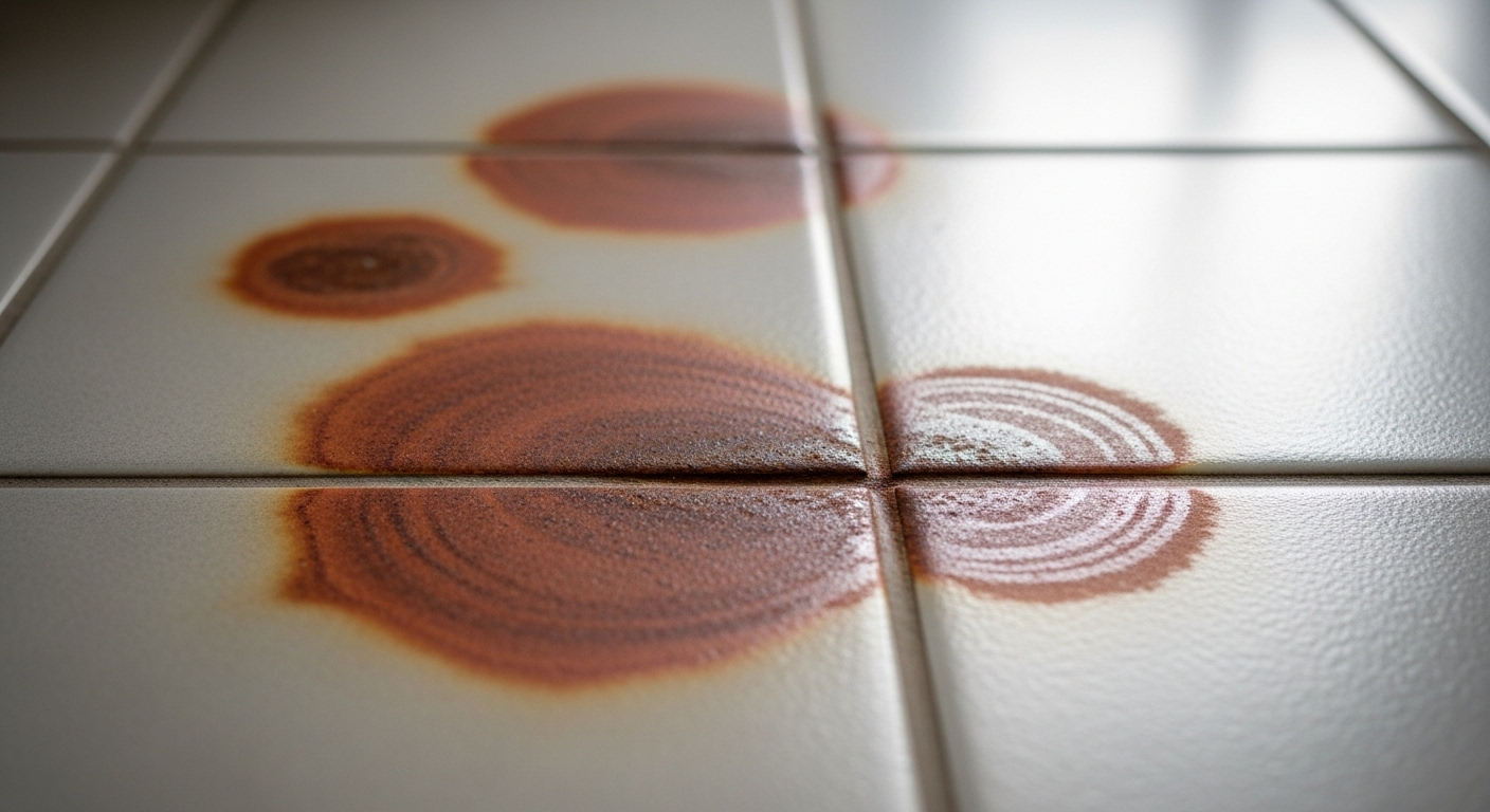 Hình ảnh chi tiết các vết gỉ sét màu nâu đỏ rõ rệt làm ố vàng sàn nhà vệ sinh màu sáng, gợi ý tìm cách tẩy sàn nhà vệ sinh bị ố vàng.