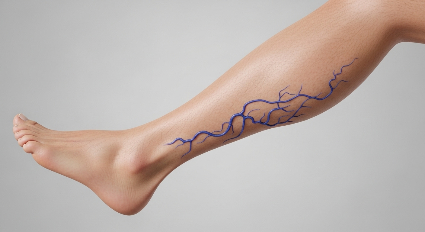 Hình ảnh chi tiết bắp chân người lớn với các tĩnh mạch xanh tím nổi rõ, ngoằn ngoèo dưới da, minh họa tình trạng suy giãn tĩnh mạch. Tìm hiểu về nguyên nhân gây suy tĩnh mạch mạn tính.