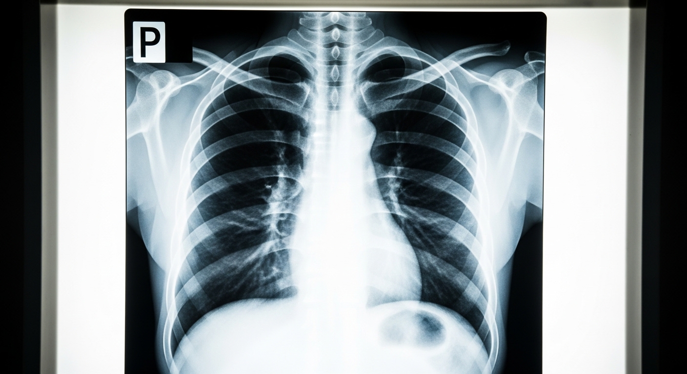 Phim chụp X-quang phổi chi tiết trên hộp đèn y tế, hiển thị rõ trường phổi, xương sườn trắng và đường nét tim.