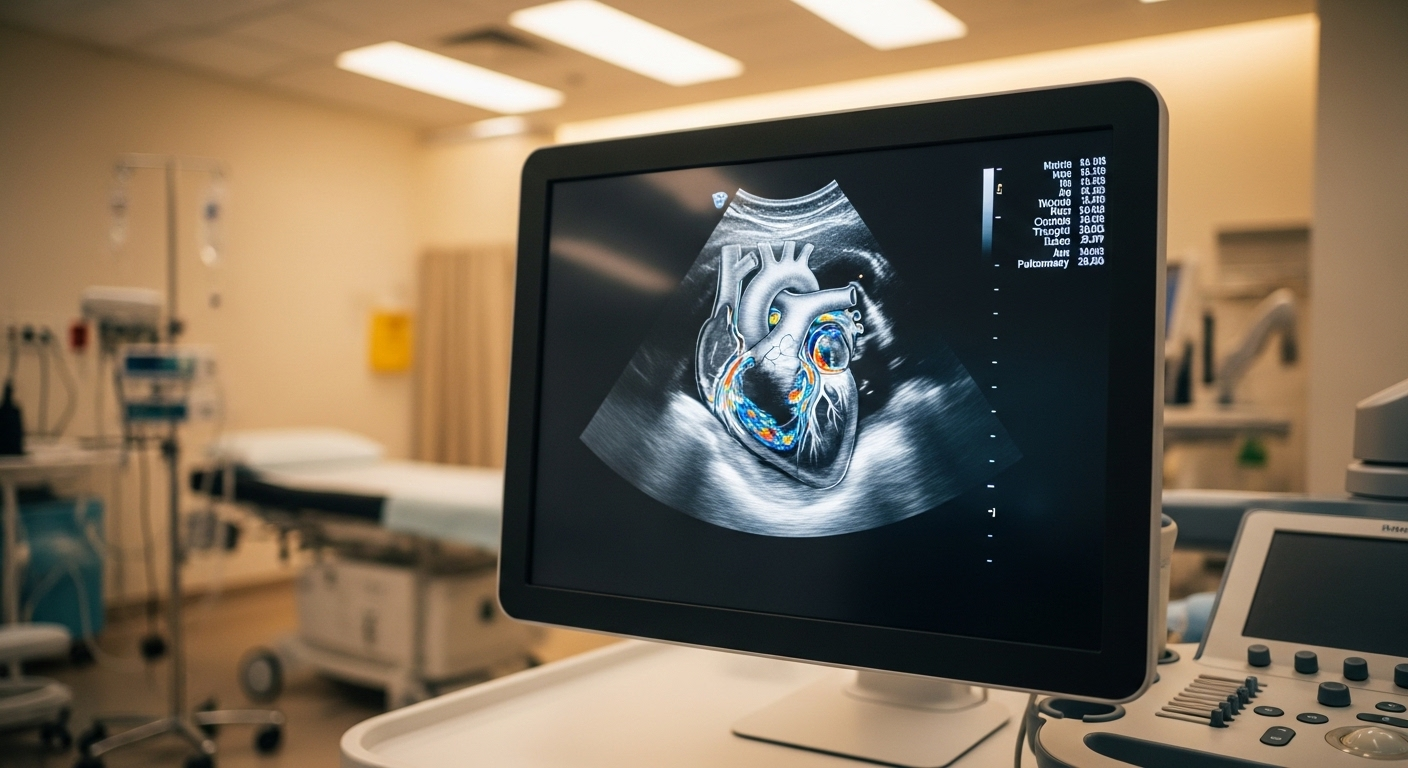 Màn hình y tế hiện đại hiển thị rõ nét hình ảnh siêu âm chi tiết về tim to người, với các buồng và van, trong phòng khám.