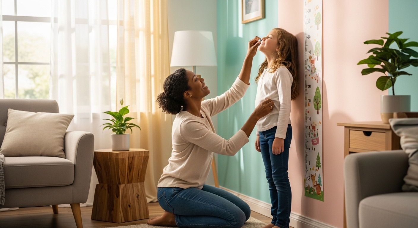 Cha mẹ ân cần đo chiều cao cho con trên thước tăng trưởng gắn tường trong phòng khách ấm cúng. Hình ảnh tươi sáng về quá trình lớn lên và các cột mốc quan trọng, trước khi bé ngừng phát triển chiều cao.