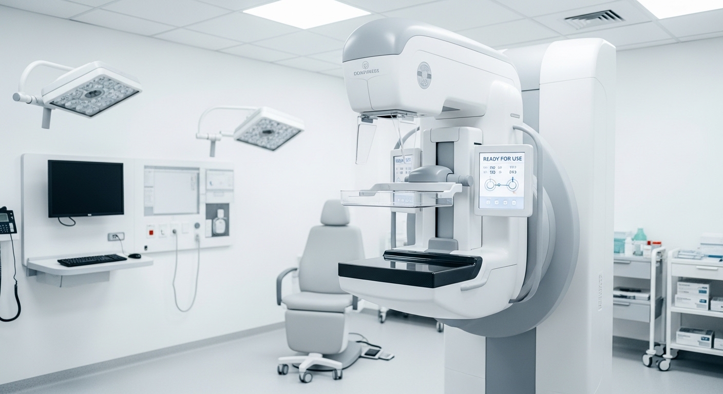 Máy chụp nhũ ảnh hiện đại trong phòng y tế, thiết bị thiết yếu giúp sàng lọc và phát hiện sớm ung thư vú, đặc biệt quan trọng khi tìm hiểu liệu Mãn kinh sớm có làm tăng nguy cơ ung thư vú.