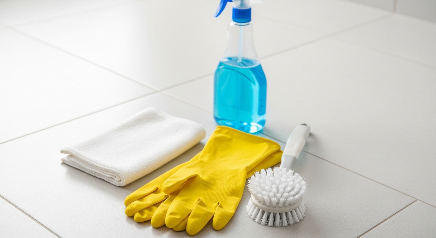 Dụng cụ vệ sinh sàn nhà tắm gồm găng tay, bàn chải cọ, bình xịt và khăn lau, rất hữu ích cho cách tẩy sàn nhà vệ sinh bị ố vàng trên nền gạch sạch. Dụng cụ vệ sinh sàn nhà tắm gồm găng tay, bàn chải cọ, bình xịt và khăn lau, rất hữu ích cho cách tẩy sàn nhà vệ sinh bị ố vàng trên nền gạch sạch.