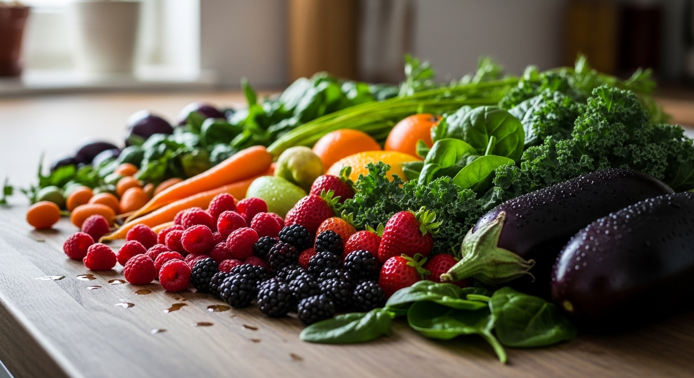 Mâm rau củ quả tươi đầy màu sắc như cầu vồng trên bàn gỗ mộc mạc, khởi nguồn cho lối sống lành mạnh.