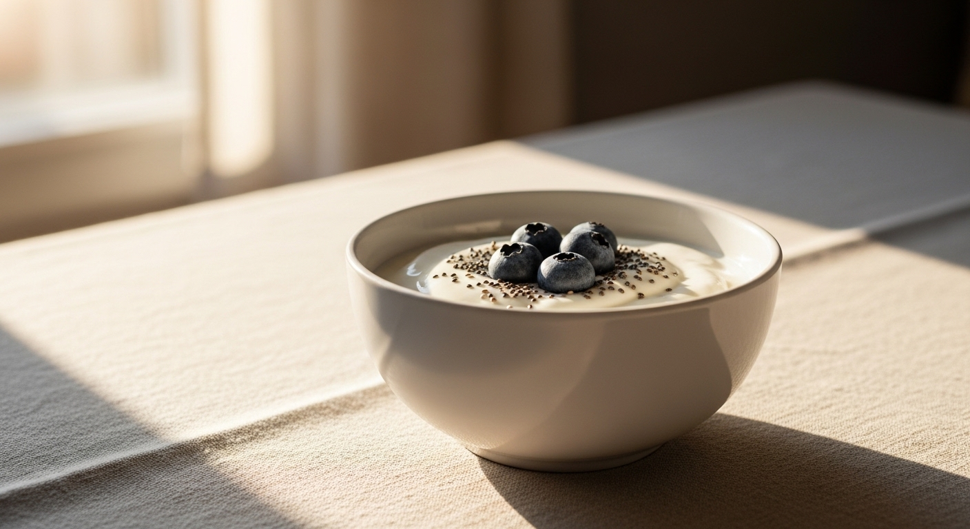 Bát sữa chua Hy Lạp không đường, hạt chia và việt quất cho bữa sáng lành mạnh, giúp giảm đồ ngọt.