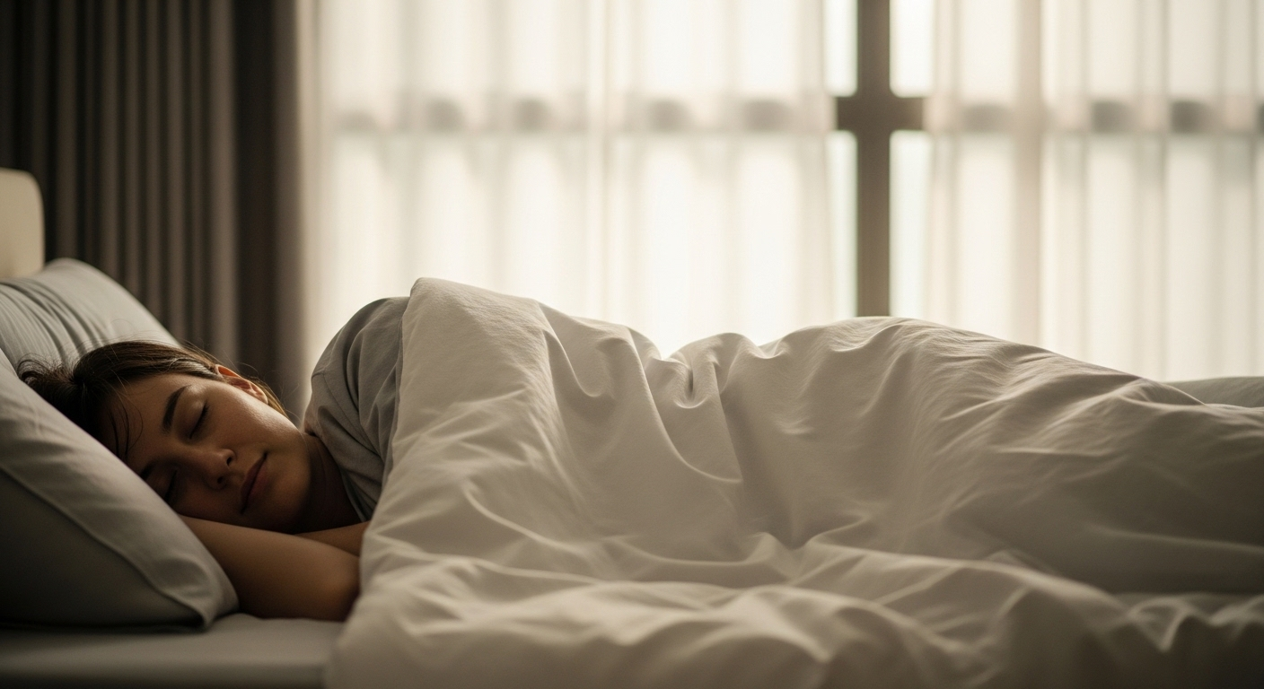 Người ngủ yên bình nằm nghiêng bên trái trong phòng ngủ sáng tự nhiên. Tư thế này là một mẹo vặt sức khỏe giúp cải thiện giấc ngủ.