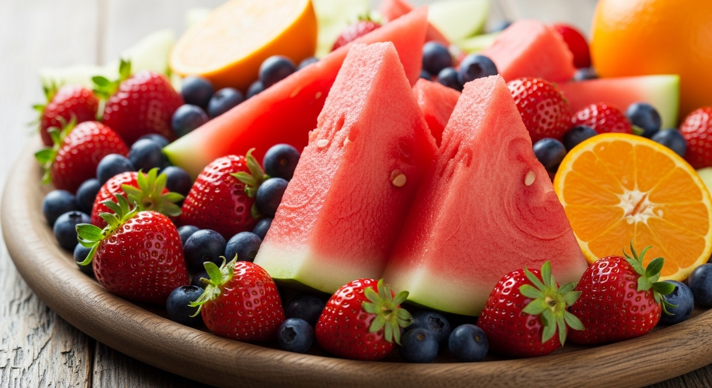 Mâm trái cây mùa hè tươi ngon đầy màu sắc (dưa hấu, dâu tây, cam, việt quất) trên đĩa gỗ mộc mạc, dưỡng chất lý tưởng để Bảo vệ tim mạch mùa hè.