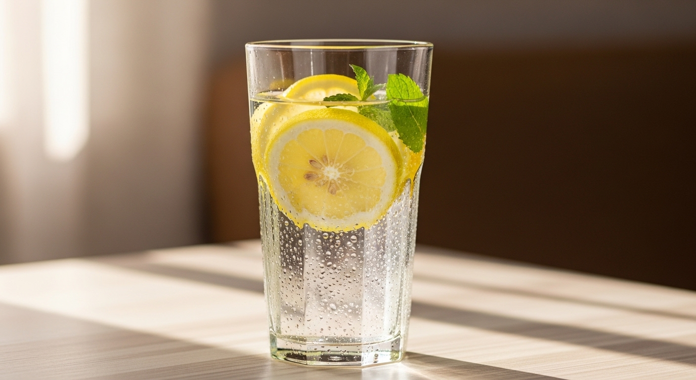 Ly nước chanh bạc hà mát lạnh trên bàn gỗ sáng, một lựa chọn sảng khoái trong mẹo ăn uống lành mạnh.