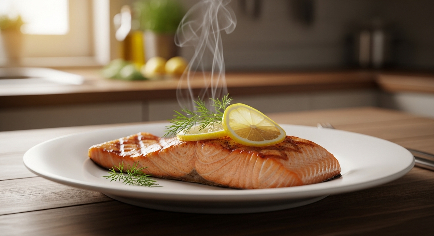 Món cá hồi nướng vàng ươm, bốc hơi nhẹ, trang trí thì là và chanh tươi trên đĩa sứ trắng, gợi cảm hứng cho bữa ăn ngon miệng và bổ dưỡng.