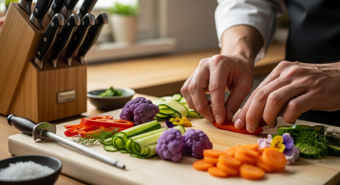 Bàn tay đầu bếp chuyên nghiệp sắp xếp rau củ tươi đầy màu sắc trên thớt gỗ sạch, chuẩn bị món ăn dinh dưỡng trong bếp sáng sủa. Lý tưởng cho bài viết trống về ẩm thực lành mạnh hoặc mẹo bếp núc.