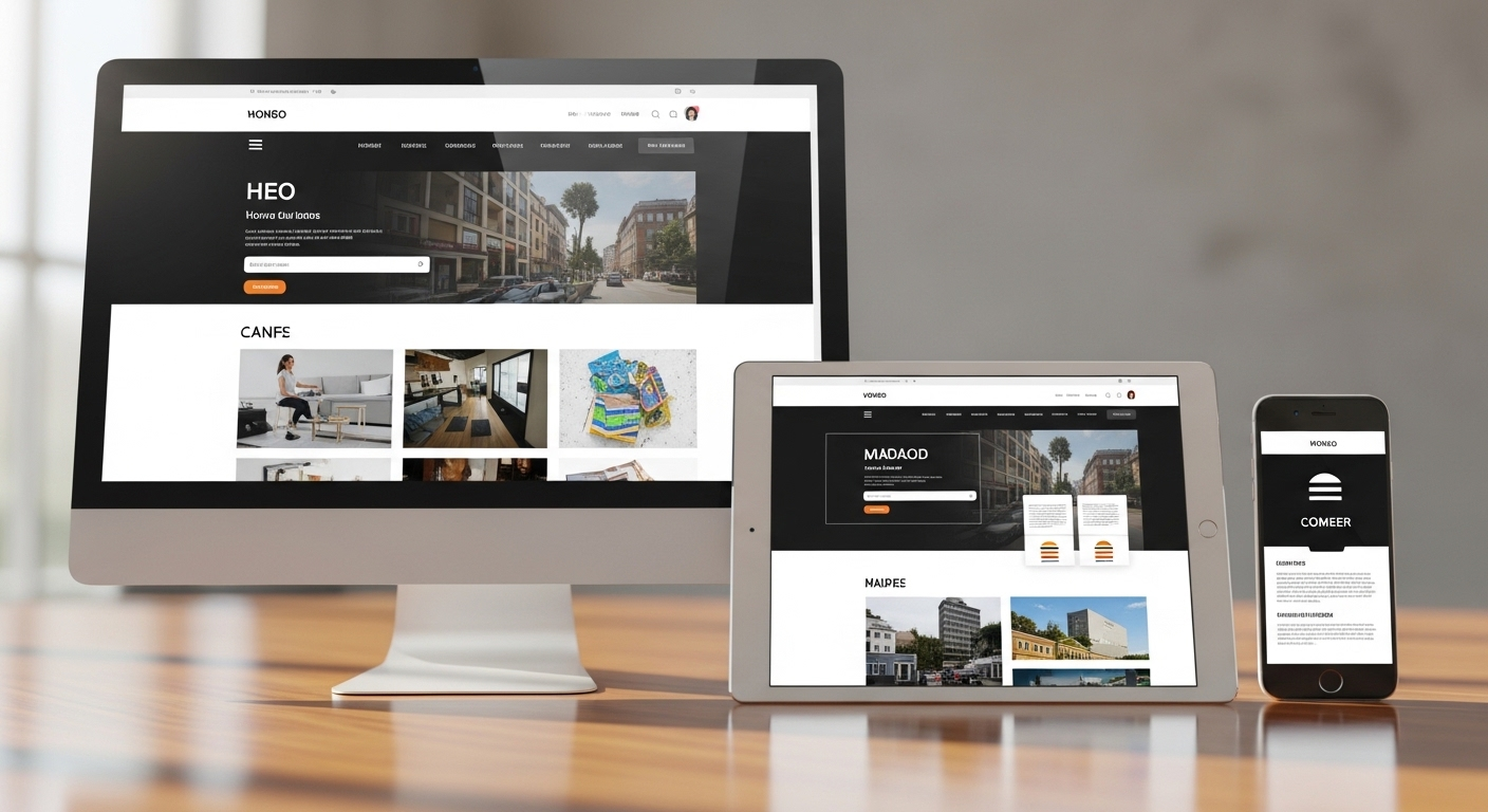 Giao diện website responsive hiển thị liền mạch trên màn hình máy tính, máy tính bảng và điện thoại, minh họa tầm quan trọng của thiết kế tối ưu, đặc biệt khi cần tránh việc thiếu nội dung bài viết gây ảnh hưởng SEO.