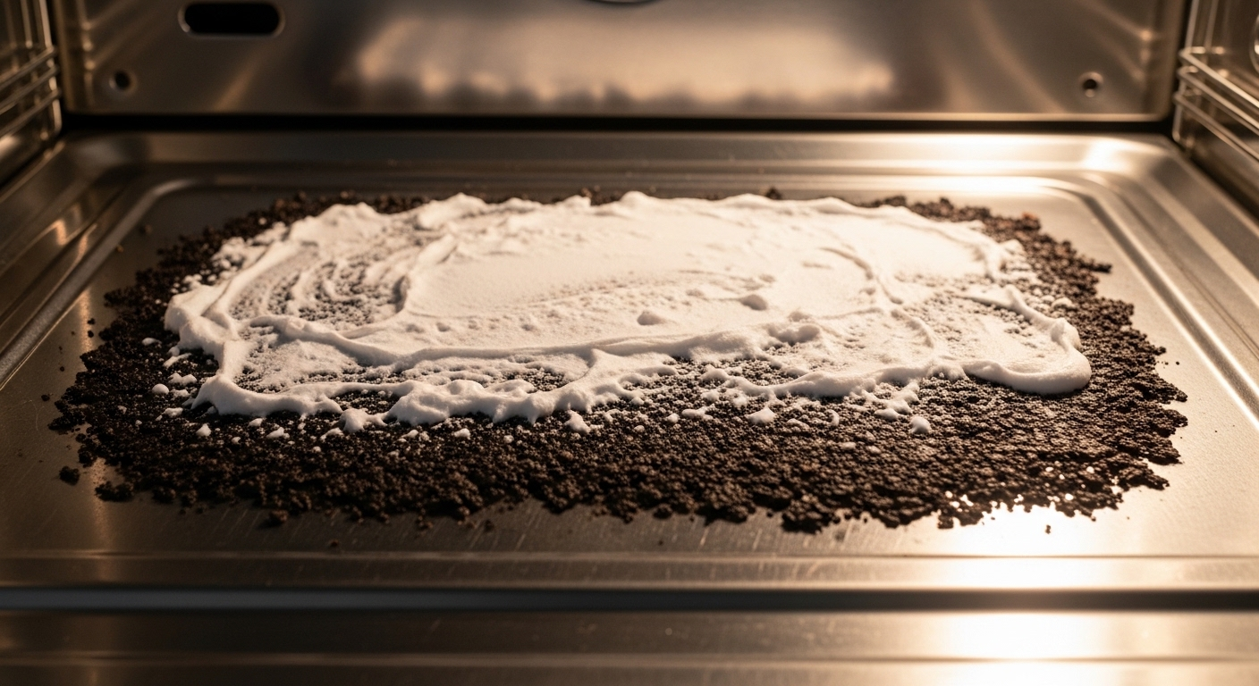 Bên trong lò nướng thép không gỉ đang được vệ sinh bằng hỗn hợp baking soda tẩy các vết cháy cứng đầu, minh họa quy trình vệ sinh lò nướng hiệu quả.