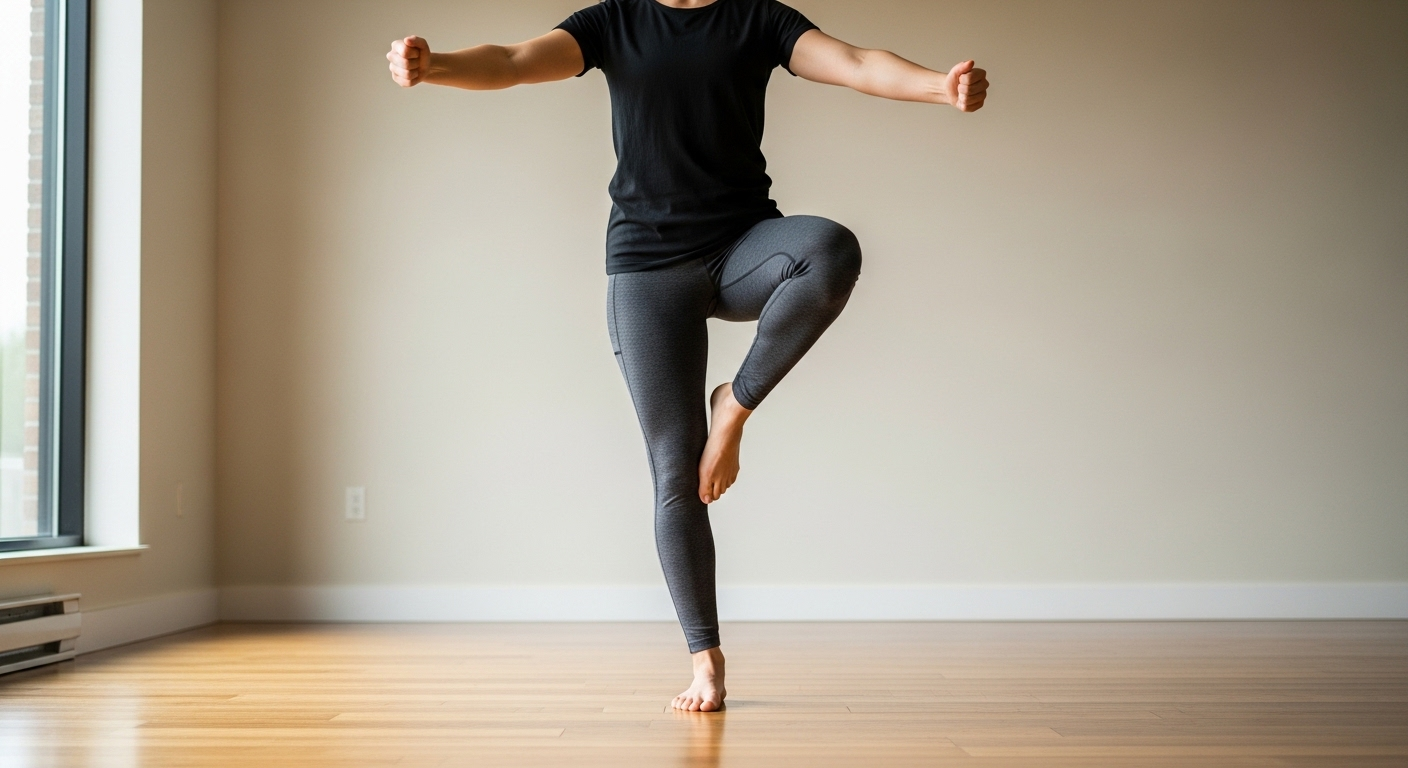 Một người giữ thăng bằng vững vàng trên một chân, thể hiện sự ổn định cơ thể; một bài tập đơn giản có thể dùng để kiểm tra sức khỏe tại nhà.