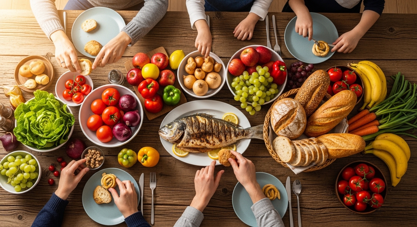 Gia đình quây quần bên bàn ăn gỗ mộc, thưởng thức bữa ăn lành mạnh đa dạng gồm rau củ, trái cây, cá nướng, bánh mì nguyên hạt, góp phần giữ gìn sức khỏe cho gia đình.