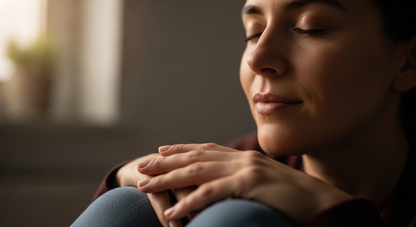 Khuôn mặt thanh thản của người đang hít thở sâu, mắt nhắm nhẹ và tay đặt trên đùi – Mẹo tăng năng lượng tức thì. Khuôn mặt thanh thản của người đang hít thở sâu, mắt nhắm nhẹ và tay đặt trên đùi – Mẹo tăng năng lượng tức thì.