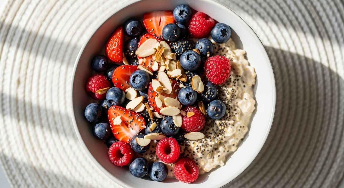 Tô yến mạch bữa sáng lành mạnh với hỗn hợp quả mọng tươi, hạnh nhân lát và hạt chia, giúp giảm mỡ máu, đặt trên tấm lót sáng màu.