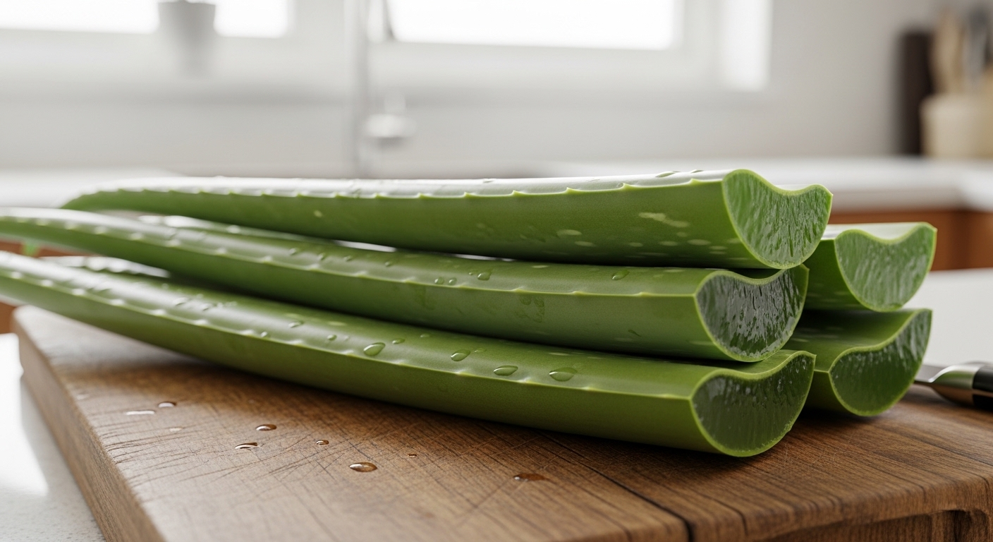 Lá nha đam tươi xanh, mọng nước xếp gọn trên thớt gỗ, sẵn sàng cho công đoạn sơ chế. Hình ảnh gợi ý các bước đầu tiên trong cách làm nha đam hết nhớt hiệu quả.