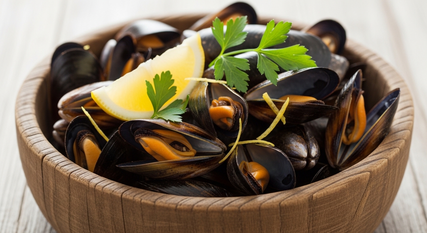 Bát gỗ mộc mạc đầy vẹm hấp tươi ngon, điểm xuyết ngò tây và chanh. Món ăn giàu sắt lý tưởng cho những ai đang tìm kiếm thiếu máu nên ăn gì.