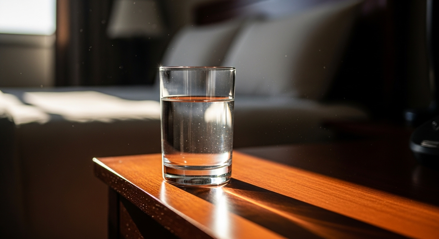 Ly nước trong vắt trên tủ đầu giường dưới nắng sớm ấm áp, gợi nhắc mẹo sức khỏe hằng ngày cho khởi đầu tươi mới.