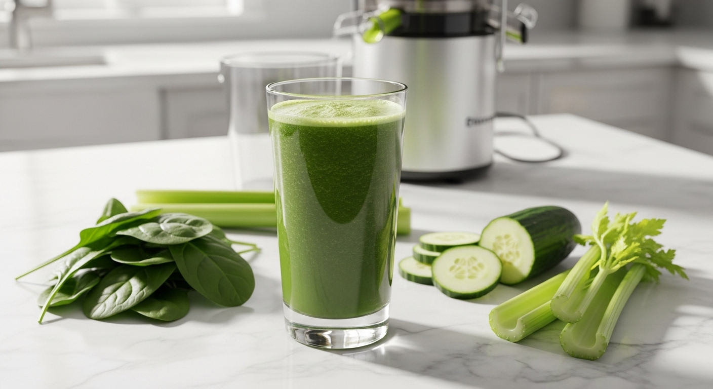 Ly nước ép xanh tươi mát từ rau chân vịt, dưa chuột, cần tây trên bàn đá cẩm thạch cạnh máy ép, giúp bạn khỏe mạnh mỗi ngày.