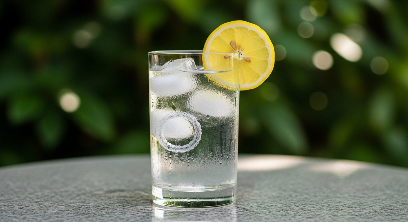 Ly nước tinh khiết mát lạnh với đá và lát chanh tươi trên miệng, một thức uống lý tưởng để tăng cường sức khỏe.