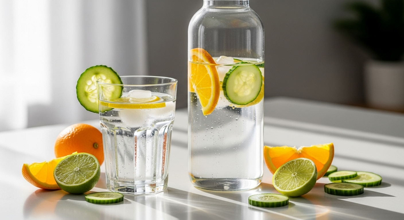 Ly nước lọc trong vắt và bình nước tái sử dụng, bao quanh bởi các lát cam, chanh, dưa chuột tươi sáng trên mặt bàn sạch. Hình ảnh gợi lên bí quyết khỏe mạnh đơn giản từ thiên nhiên.
