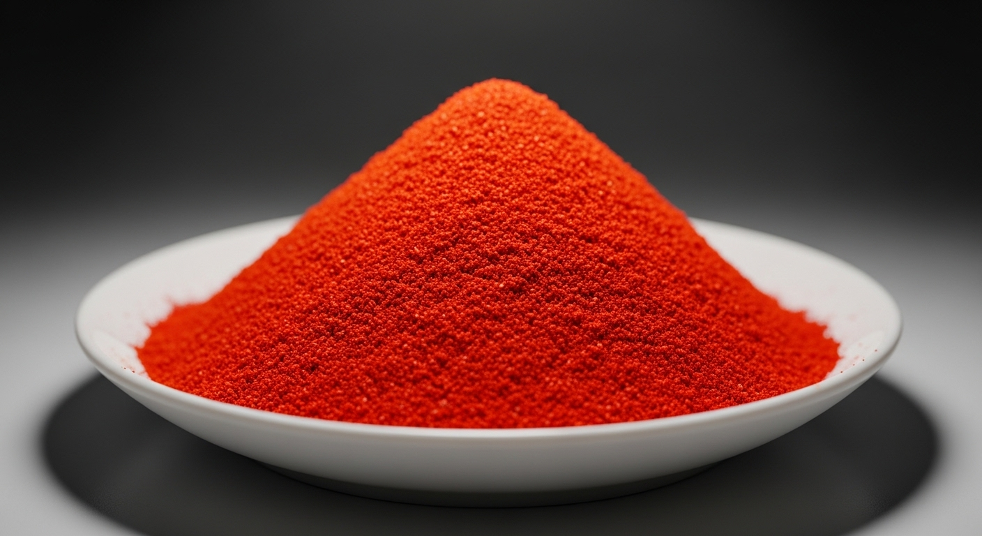 Cận cảnh ớt bột màu đỏ tươi, mịn đều bất thường trên đĩa trắng, minh họa đặc điểm giúp phân biệt ớt bột thật giả.