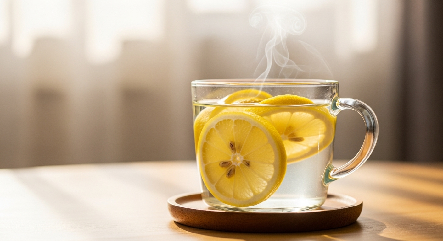 Ly nước ấm chanh tươi bốc hơi trên đế gỗ. Mẹo để khỏe mạnh hơn vào buổi sáng.