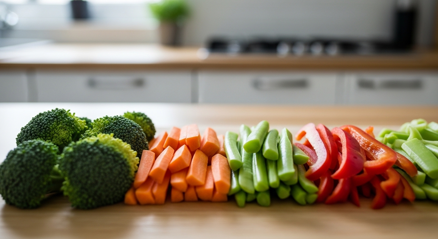 Rau củ tươi thái sẵn (bông cải xanh, cà rốt, ớt chuông) trên thớt gỗ sáng màu. Hình ảnh lý tưởng cho các mẹo vặt nấu ăn ngon và bổ dưỡng.