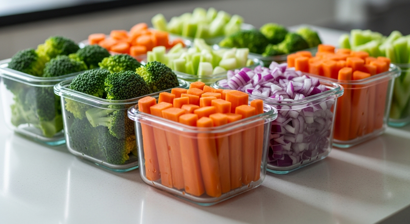 Rau củ thái sẵn (bông cải xanh, cà rốt, hành tây) được sắp xếp gọn gàng trong hộp thủy tinh trên bàn bếp, minh họa mẹo vặt nhà bếp giúp chuẩn bị bữa ăn nhanh chóng và hiệu quả.