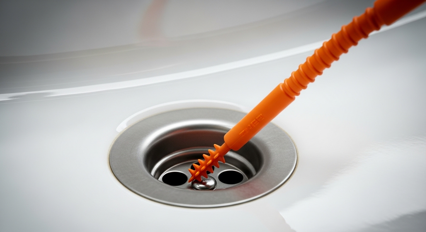 Dụng cụ thông cống màu cam chuyên dụng đang được luồn vào ống thoát nước bồn rửa mặt sáng bóng, minh họa cách thông ống thoát nước nhà tắm hiệu quả.