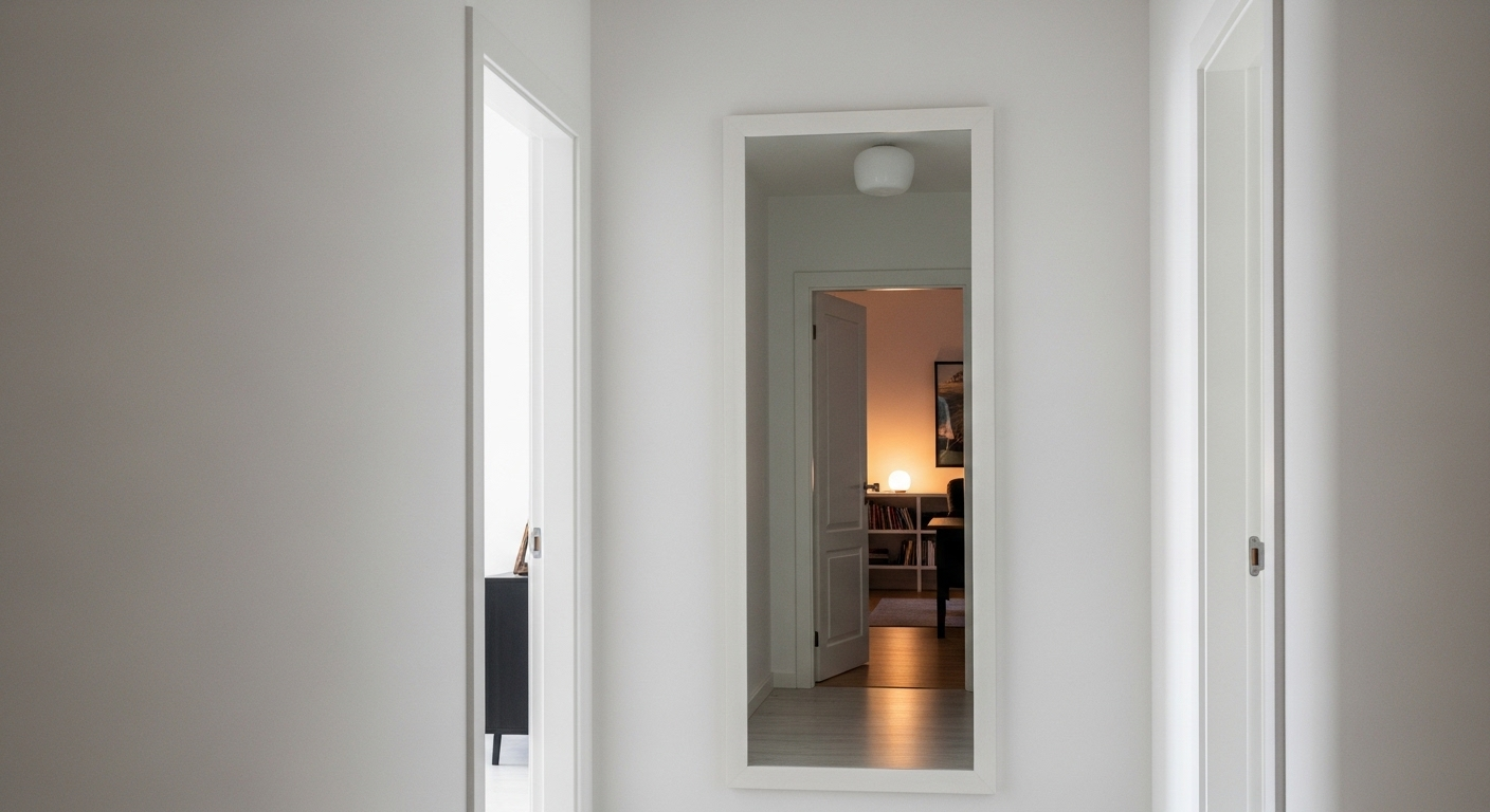 Gương lớn hình chữ nhật trên tường trắng ở hành lang hẹp, phản chiếu ánh sáng, tạo cảm giác không gian rộng rãi và có chiều sâu. Đây là một cách trang trí nhà cửa hiệu quả.