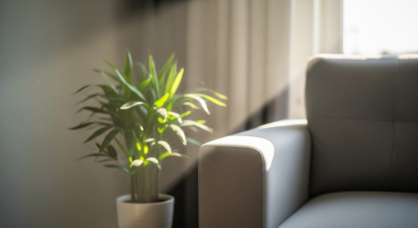 Phòng khách hiện đại dưới ánh nắng, bụi mịn lơ lửng rõ nét trong không khí, minh chứng tầm quan trọng của máy lọc không khí.