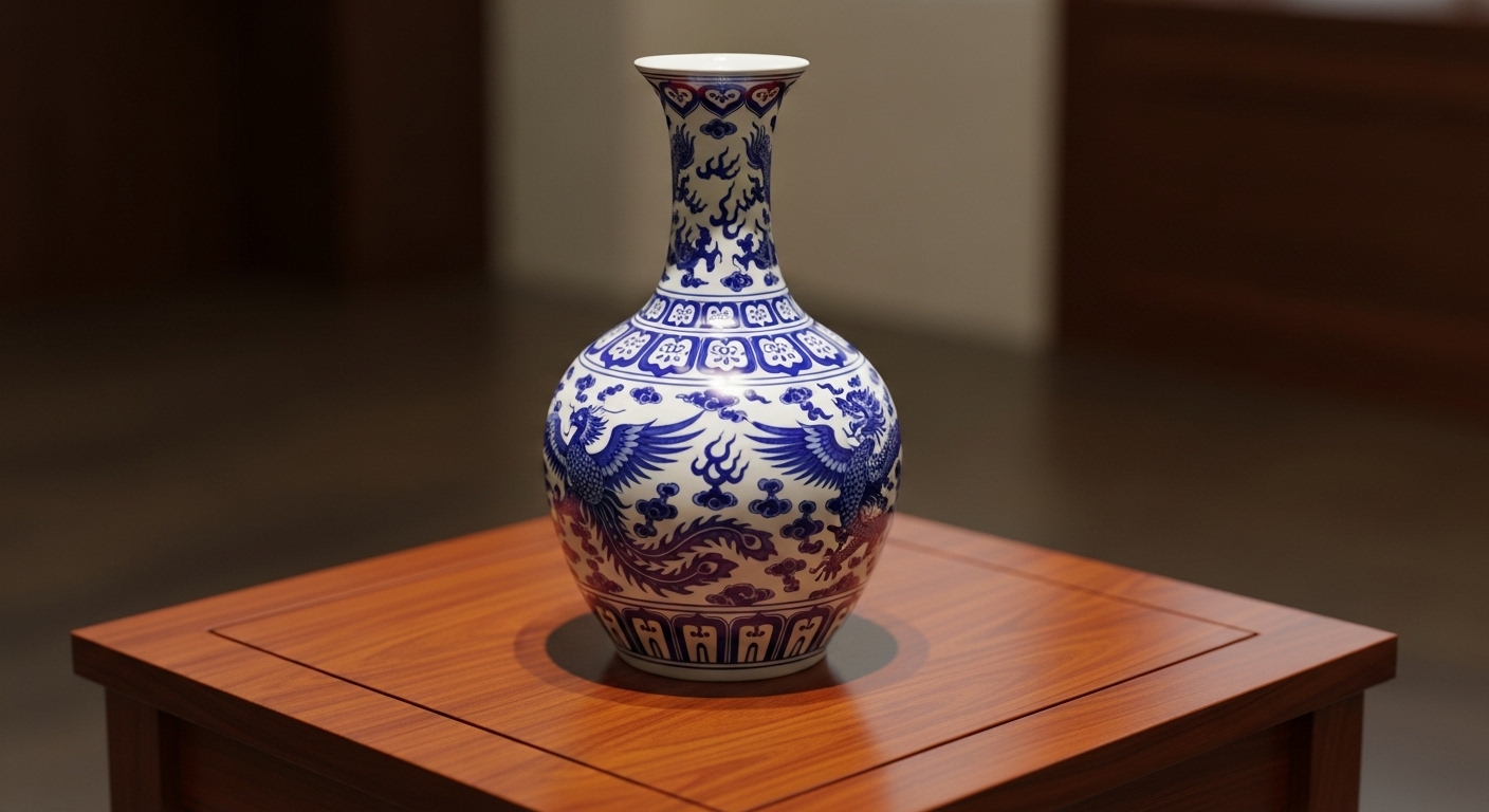 Bình hút lộc gốm sứ truyền thống họa tiết xanh trắng tinh xảo, một đồ decor trang trí phòng khách sang trọng đặt trên bàn gỗ gụ.