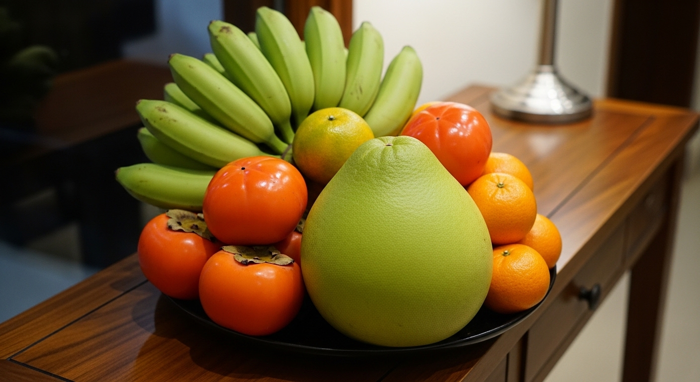 Mâm ngũ quả truyền thống được bày biện tỉ mỉ với chuối xanh, bưởi lớn, hồng đỏ và quýt nhỏ trên bàn gỗ tối màu, tạo điểm nhấn tươi sáng cho việc trang trí nhà cửa đón Tết.