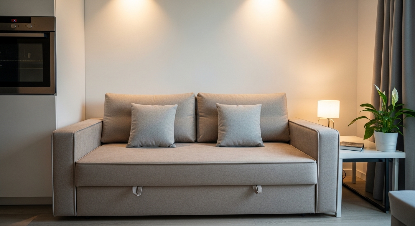 Phòng khách hiện đại nhỏ gọn với sofa module màu be biến thành giường, có gối tựa xám nhạt. Giải pháp trang trí nhà tiết kiệm thông minh và tối ưu không gian.