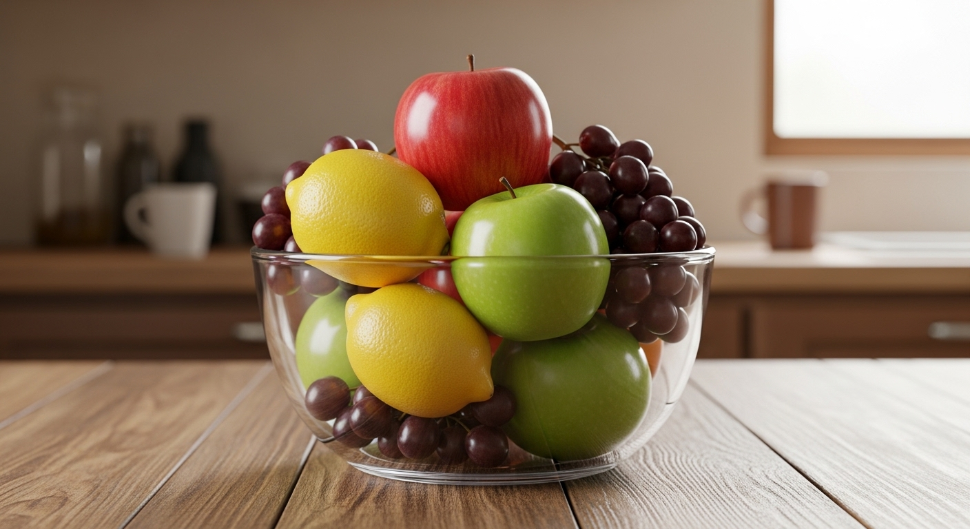 Một bát thủy tinh trong suốt chứa đầy trái cây tươi màu sắc (chanh vàng, táo xanh, nho tím) trên bàn gỗ mộc mạc trong bếp, tạo điểm nhấn sinh động và tươi mới.